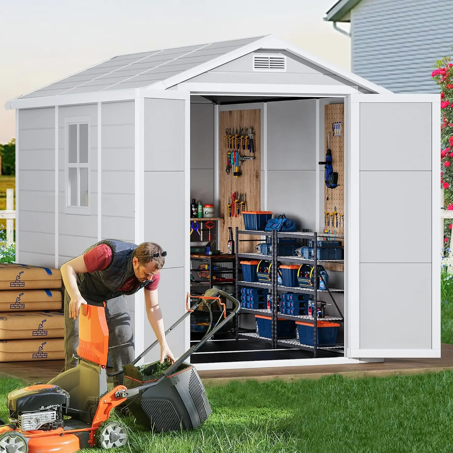 

8.7x5.5FT Resin Storage Shed Lockable Door Windows Waterproof Outdoor Tool Storage Backyard Patio Lawn Gray Customized