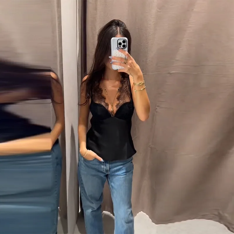 Women Sexy Black Lace Patchwork Satin Vest Elegant Sleeveless See Through V-Neck Loose Vests Lady Vacation Party Chic Wear