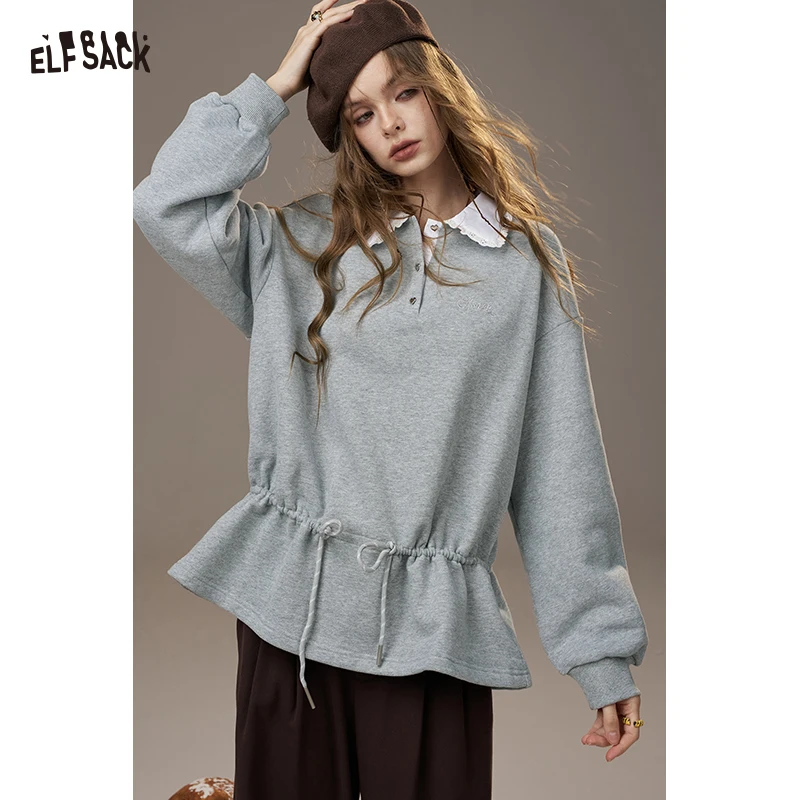 

ELFSACK 2025 Winter New Arrivals Casual Gray Cute Solid Color Drawstring Loose Fit Pullover For Woman