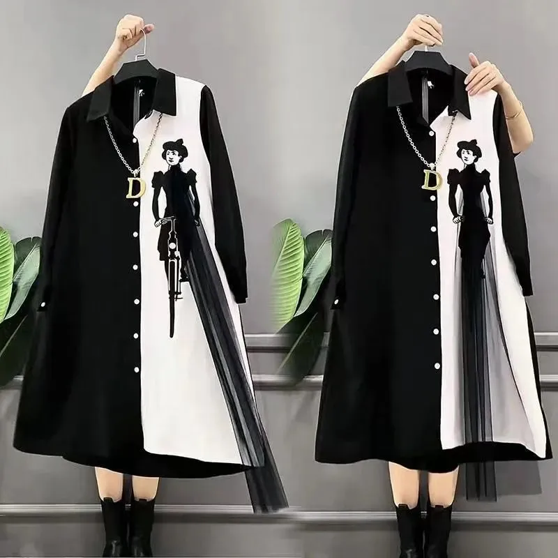 Abiti camicia nera primavera/estate 2023 New Mesh Stitching Contrast Dress top Plus Size Women Dress Coat abiti di media lunghezza