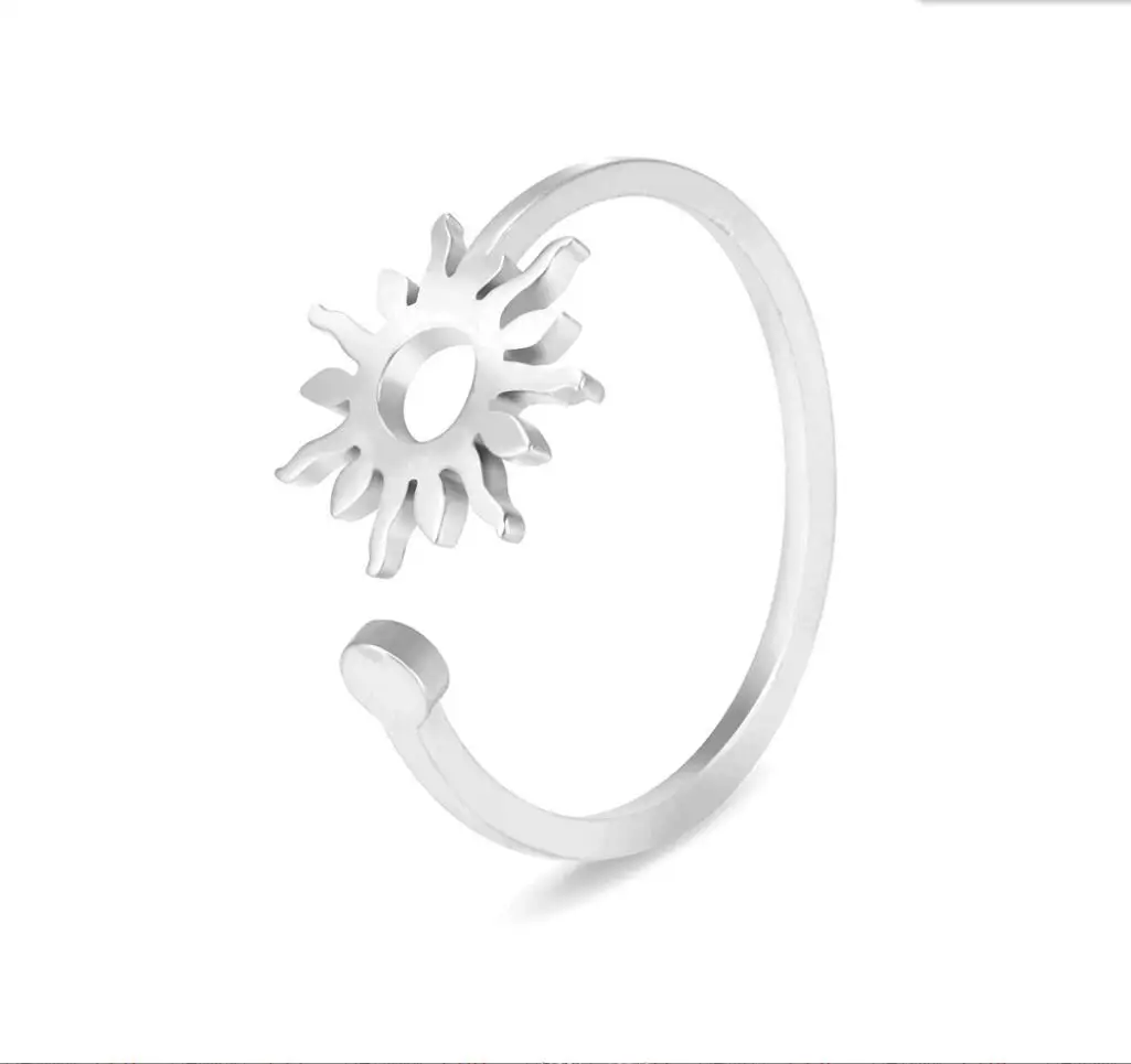 

1 шт. блестящее кольцо с солнцем для женщин, регулируемое открытое кольцо на палец из нержавеющей стали в стиле бохо, новое модное украшение, подарок на день рождения F1063