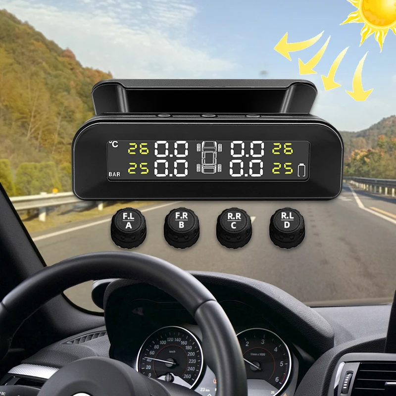 

E-ACE TPMS Solar Intelligence Wireless 4 Sensors Tire Pressure Monitoring System Security Alarm Device USB Charging ﻿