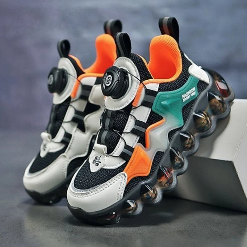 

Boy Shoes Thick Sole Comfortable Sport Running Shoes Kids Chunky Sneakers Rotate Button Mesh Walking Footwear for Older Children