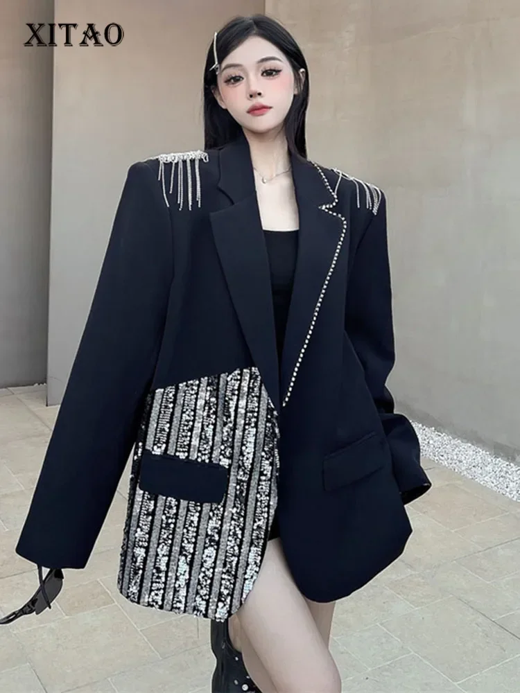 XITAO Fashion Solid Color Casual Single Button Coat Loose Fit Full Sleeve Sequined Black Series Jesienna marynarka damska ZYY1048