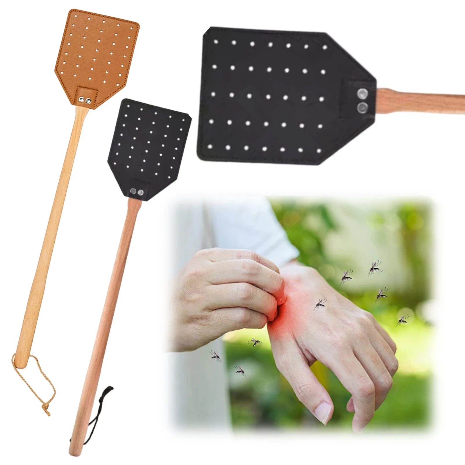 Sturdy Leather Fly Swatters with Hanging Rope Long Handle Heavy Duty Wood Fly Swatter for Repel Swatter Flies Mosquitoes Bees