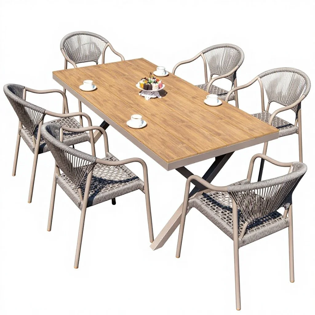 

#PE Wicker Rattan Outdoor Furniture Set Patio Dining Tables and Chairs Waterproof Cushion for Coffee Shop Aluminum Dining Set