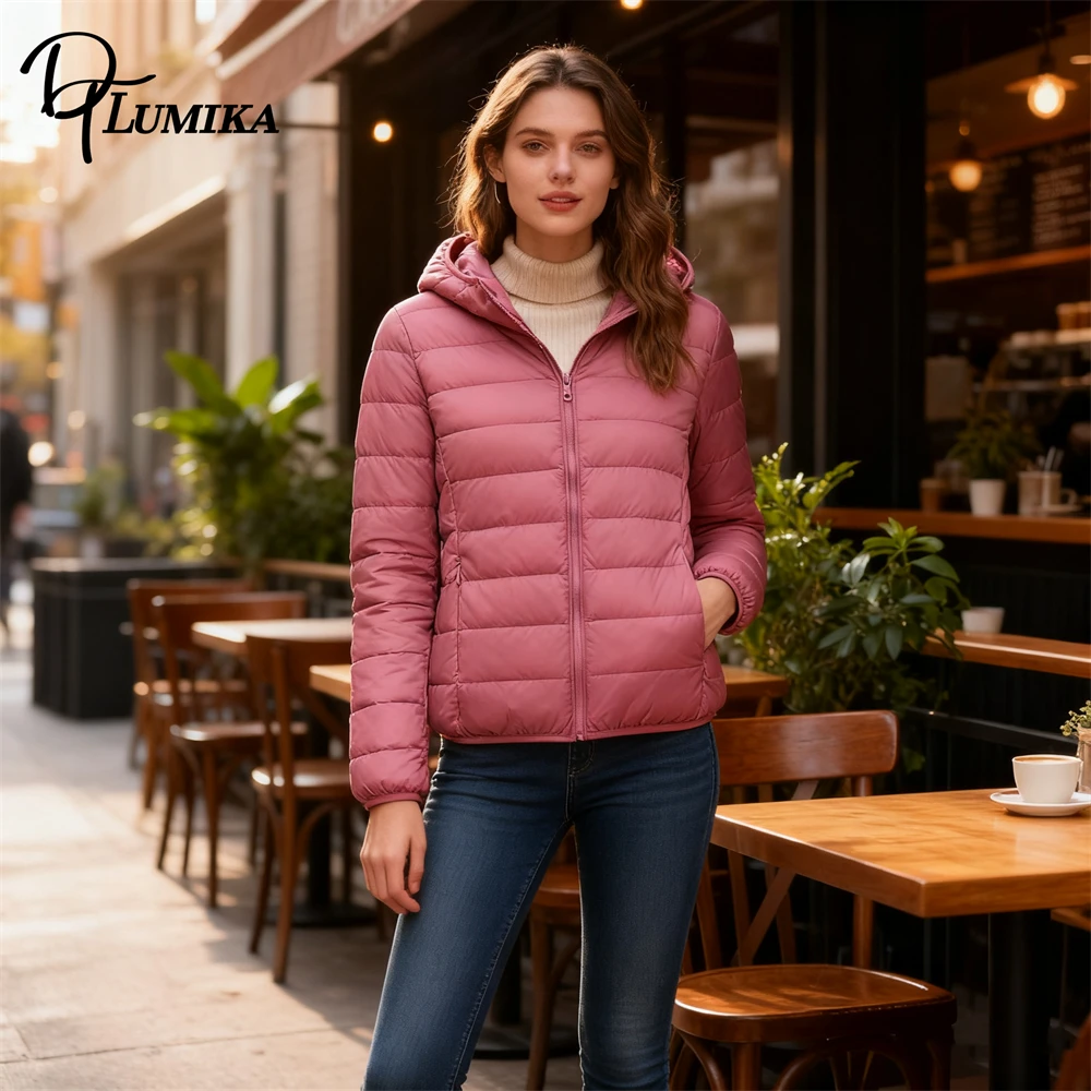 DTLumika S-8XL Daunenjacke für Damen 2025, leichte kurze Kapuzenjacke, extra große Daunenjacke, trendiges Outfit