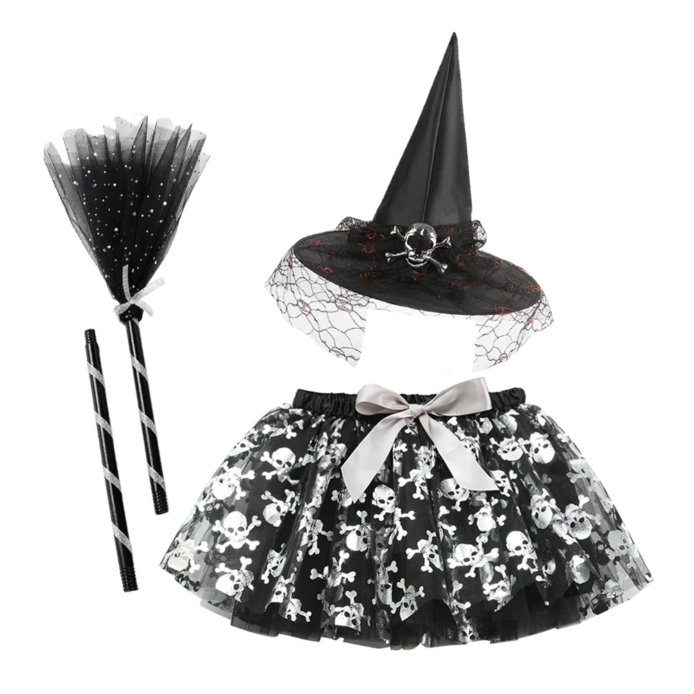 

Halloween Skull Bat Printed Gauze Pumpkin Tutu Skirt Witch Hat Broom Skirt Three Sets Girls Witch Costume Fancy Party Clothing