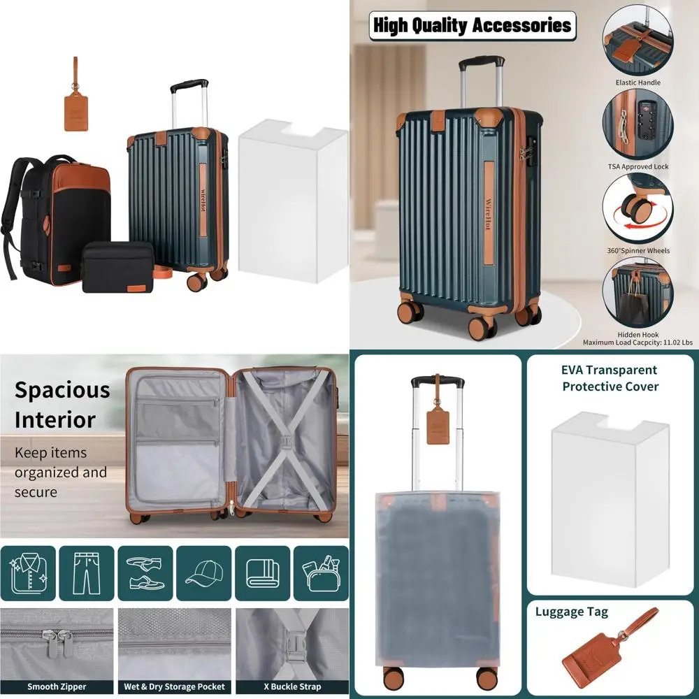 Juego de equipaje de mano aprobado por aerolínea de estilo vintage con mochila, maleta rígida ABS + PC de 20 pulgadas, pequeña maleta de viaje retro