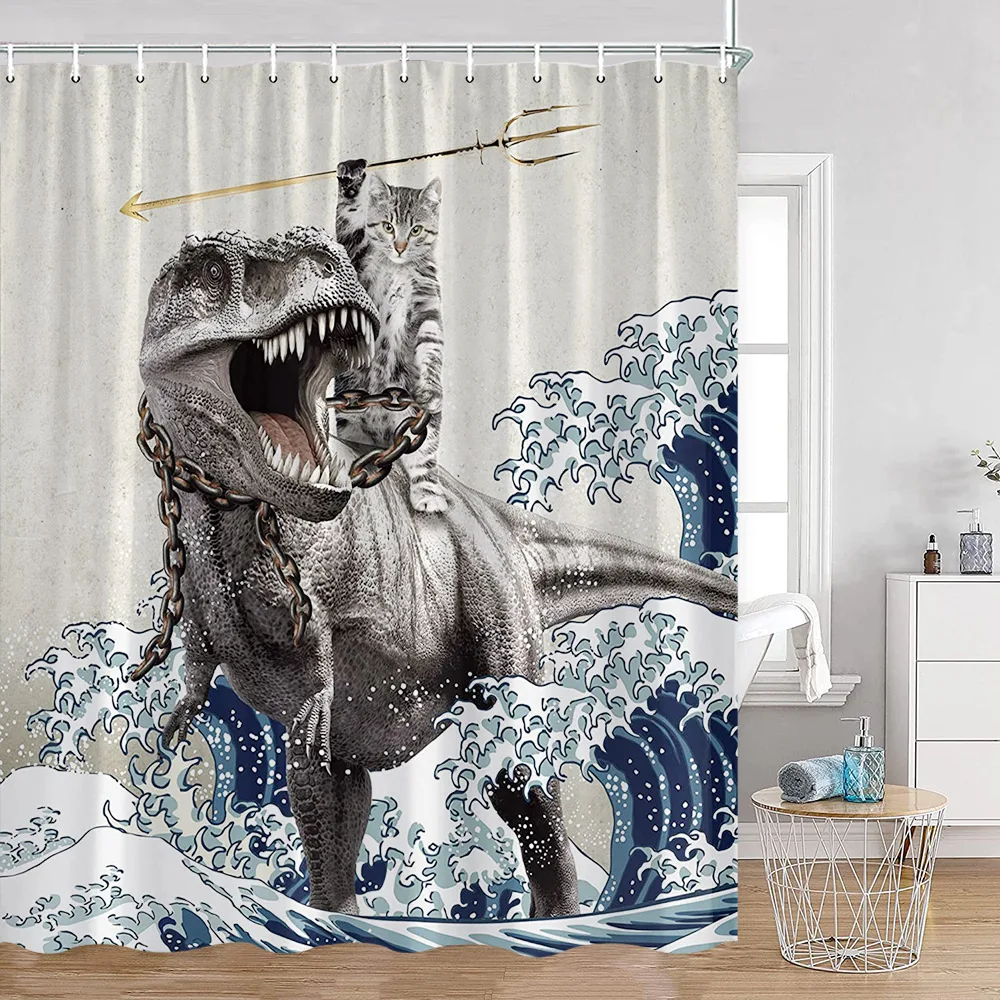 Funny Cats Shower Curtain Cats Riding Shark Dinosaur Sea Waves Home Decorations for Bathroom Bathing Cat Bath Curtain with Hooks