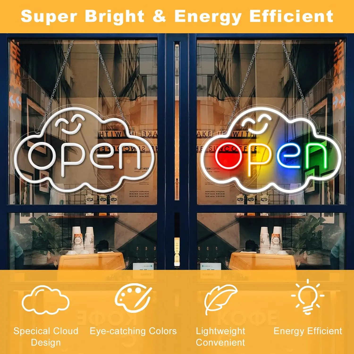 Open Neon Sign for Business Bright LED Neon Light Sign Switch Cloud for Stores Restaurants Offices Shops Storefronts Bar Decor