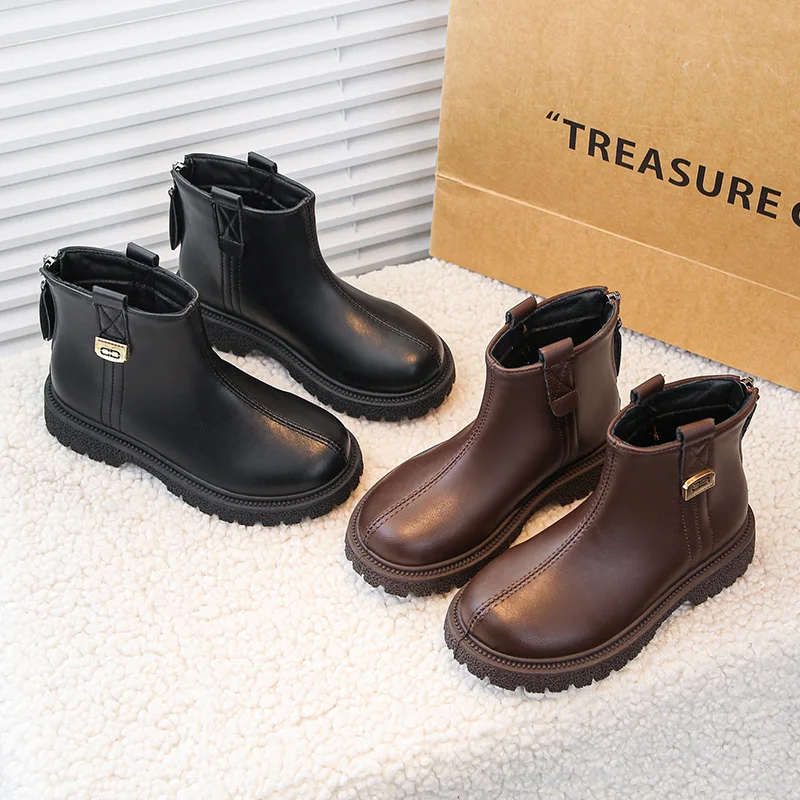

Kids'Casual Boots Mid-Calf Boots PU Leather Winter Shoes For Girls Anti-slip Thick Bottom Warm Brown Black Shoes Size 26-37