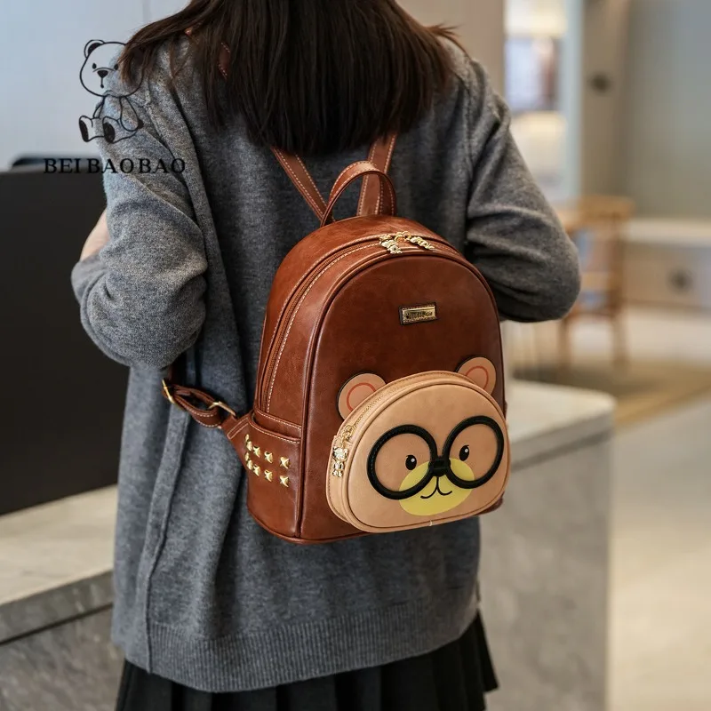 Commuting Women's Shoulders Bag Student Backpack Versatile Retro Large Capacity Backpack Fashionable Cartoon Teddy Bear Style
