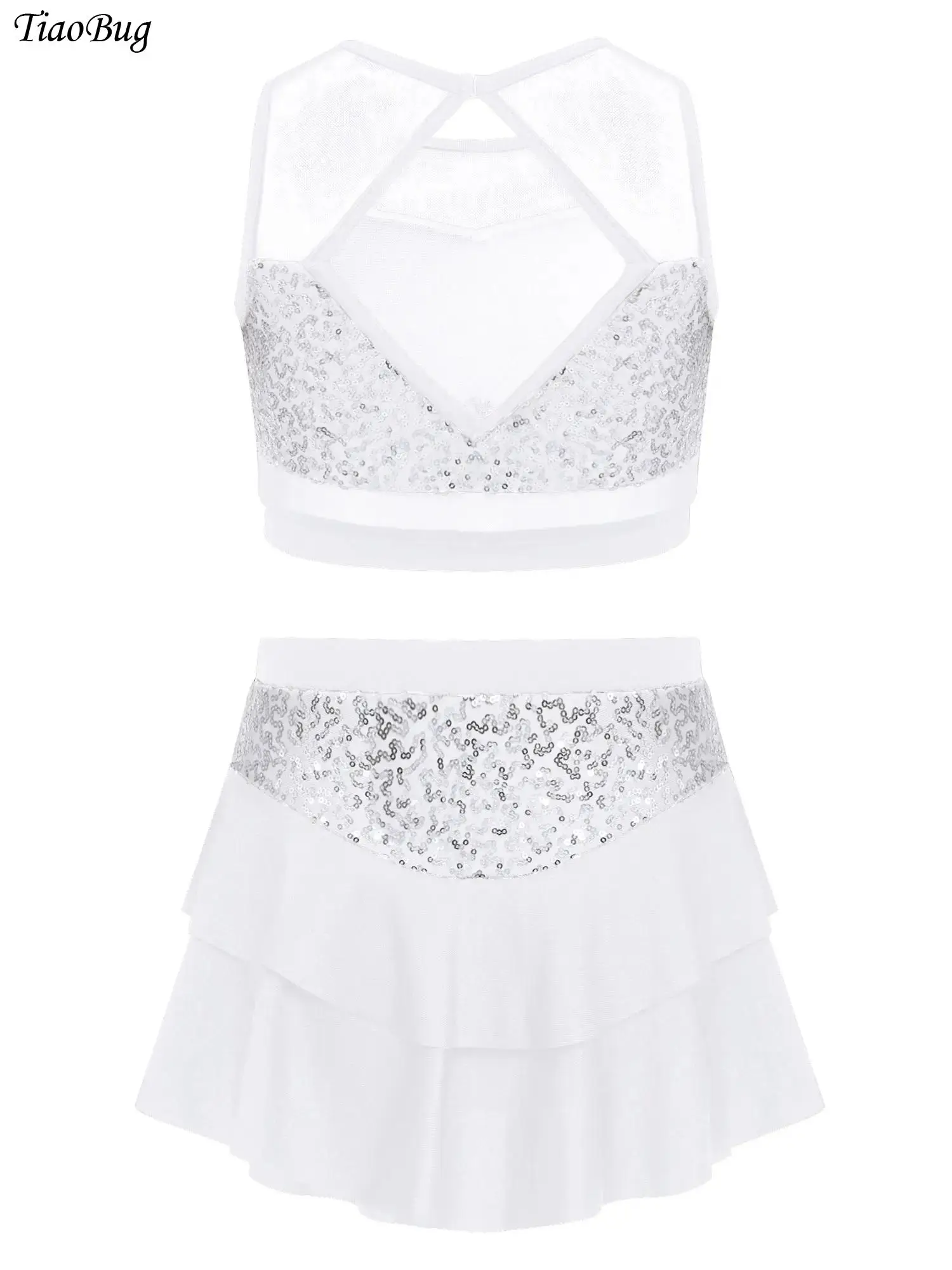 

Kids Girls Jazz Dance Outfit Sleeveless Sheer Mesh Patchwork Shiny Sequins Crop Top with Tiered Skirt Cheerleading Dance Costu