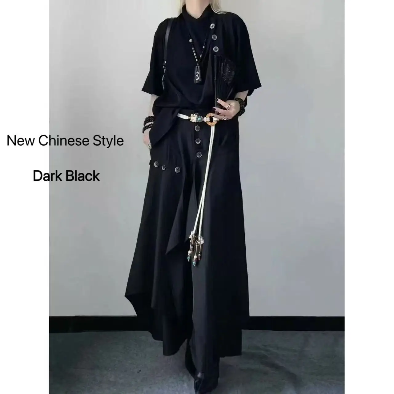 

Bisex New Chinese Style Costume Men Women Dark Black Irregular Shirt Wide Leg Skirt Pants 2Pieces Sets Niche Y2K Fashion Tops