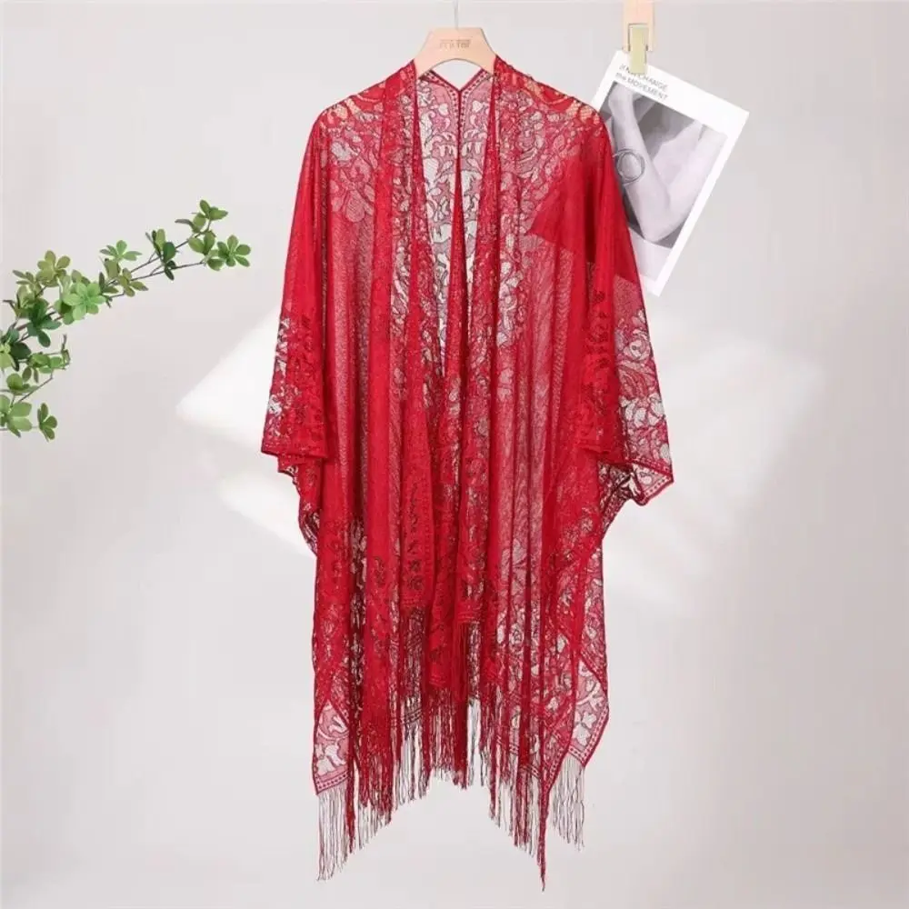 Floral Lace Beach Bikini Cover Up Hollow Floral Tassel Fringe Kimono Wrap Multi-Purpose Loose Fit Sun Protection Scarf For Women