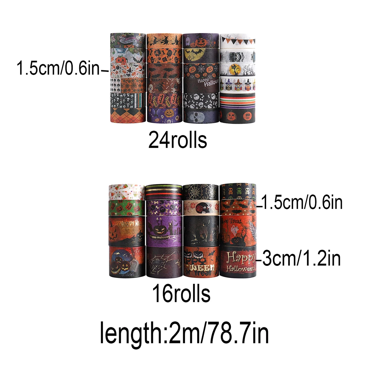 16ロール/24ロール、クリエイティブなハロウィーンパターンと和紙テープ、DIYクラフト、ギフトボックスの装飾に最適、トレンディで人気があります。