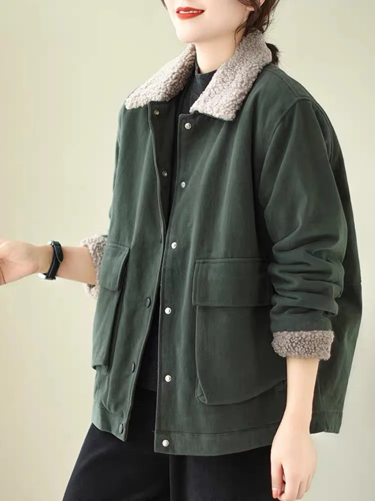 

Women's Fleece Lined Cotton Jacket Large Size Casual Turn-down Collar Short Coat Winter Thickened Commute Vintage Style