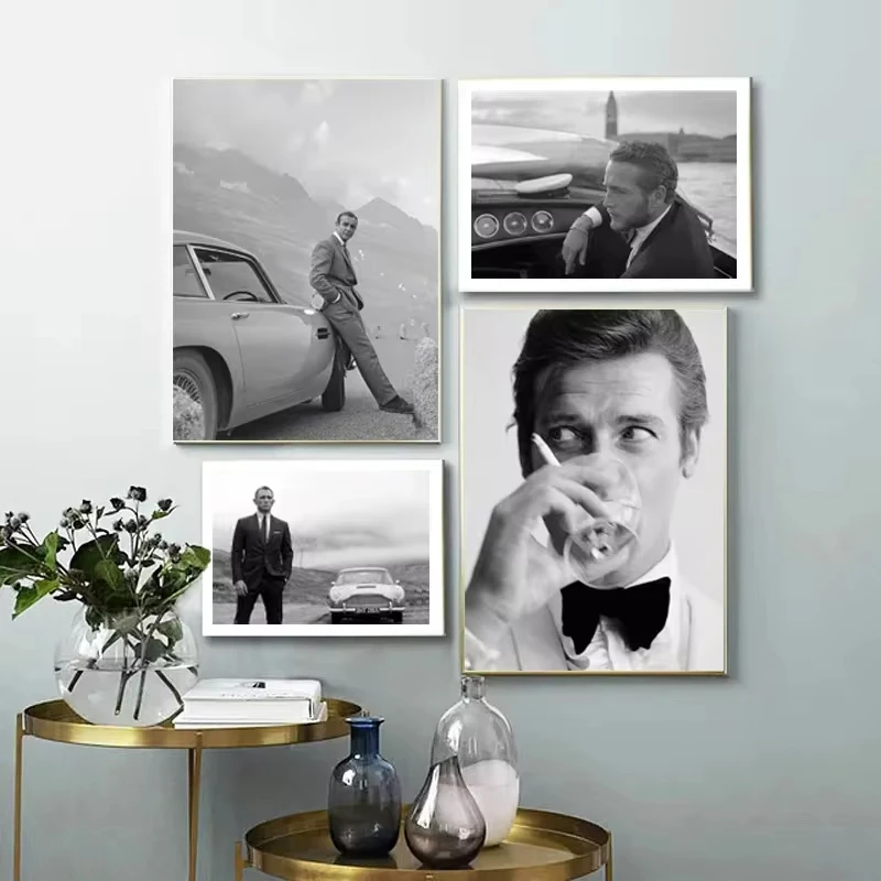 Gentleman Spy Movie 007 Poster Bond Cars Black and White Actor Prints Movie Canvas Painting Wall Art Picture Living Room Decor