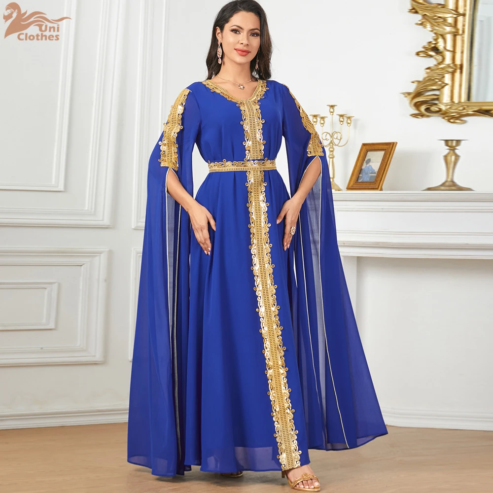 Uni Muslim Saudi Women Elegant Ethnic Dresses With Sashes Lace Tape Super Long Sleeve Turkish African Party Abayas 2024