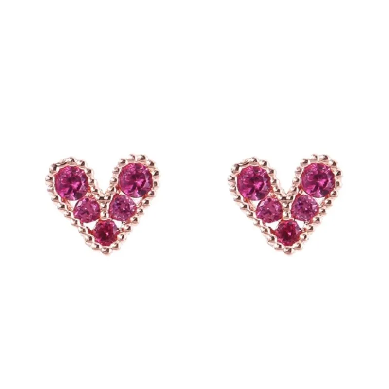 ANENJERY Rose Pink Love Zircon Heart Stud Earrings for Women Vintage Romatic Trendy Jewelry Accessories