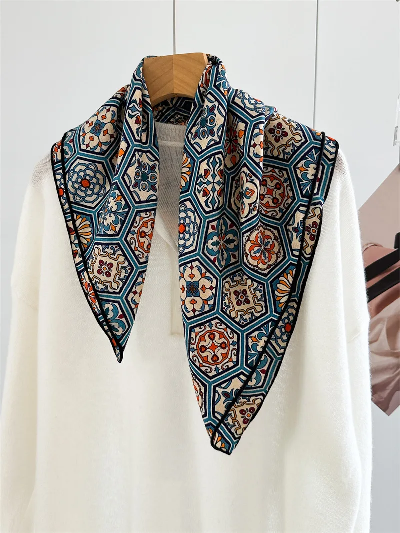 

70% Wool 30% Silk Winter Scarf Woman Ethnic Blue Print Neck Scarf Ladies Winter Accessories Neck Scarves Elegant Womens Shawl