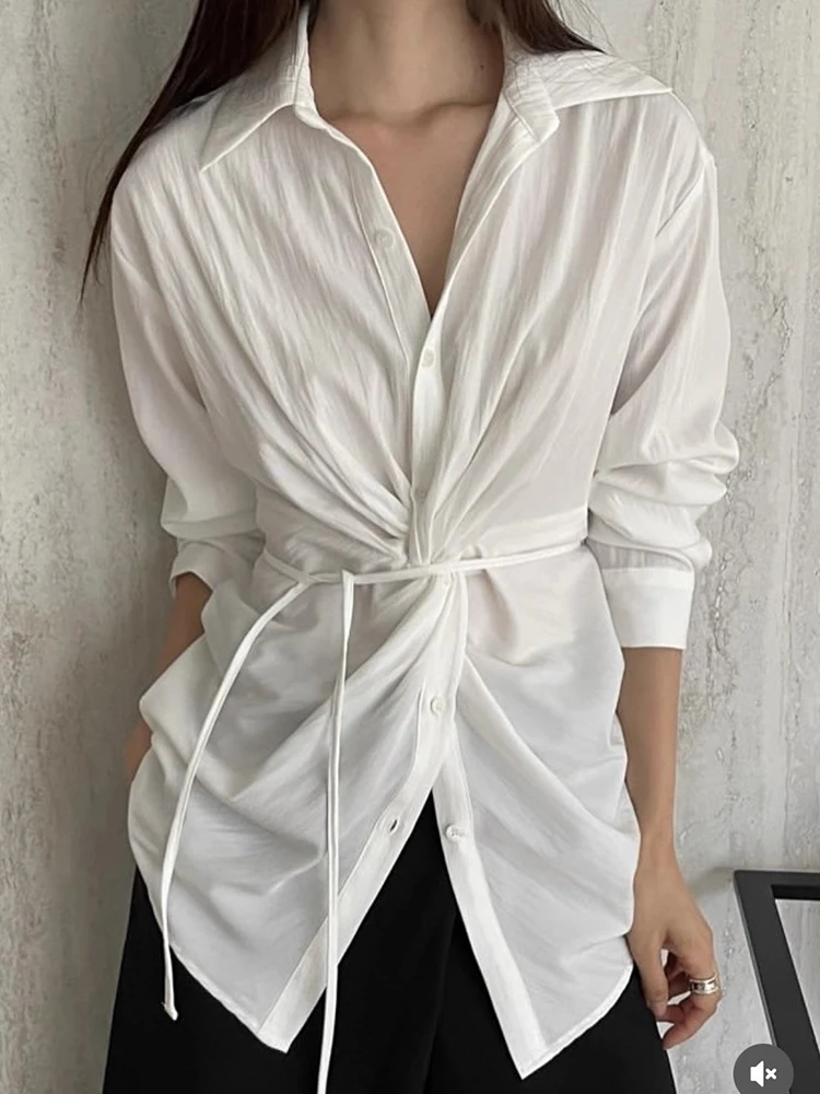 

SuperAen New Autumn Design Korean Style Lace-up Waist Solid-colored Long-sleeved Shirts for Women Shirts