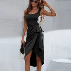 Elegant Office Lady Sundress for Women Black Lace Up Dress Spring Summer Irregular Strap Vest Dress Split Square Collar Outfit