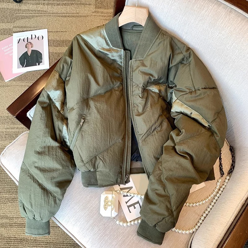 

Green Patchwork Stand Collar Baseball Jacket Women's Retro Lightweight Short Cotton Coats Winter Long Sleeved Warm Outerwears