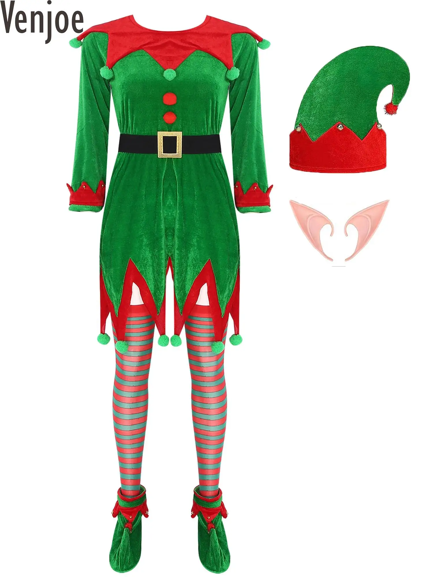 Costume de cosplay elfe de Noël pour femme adulte, robe de soirée de vacances, chapeau de Noël, robe avec ceinture, chaussures, ensemble de bas rayés, nouvel an