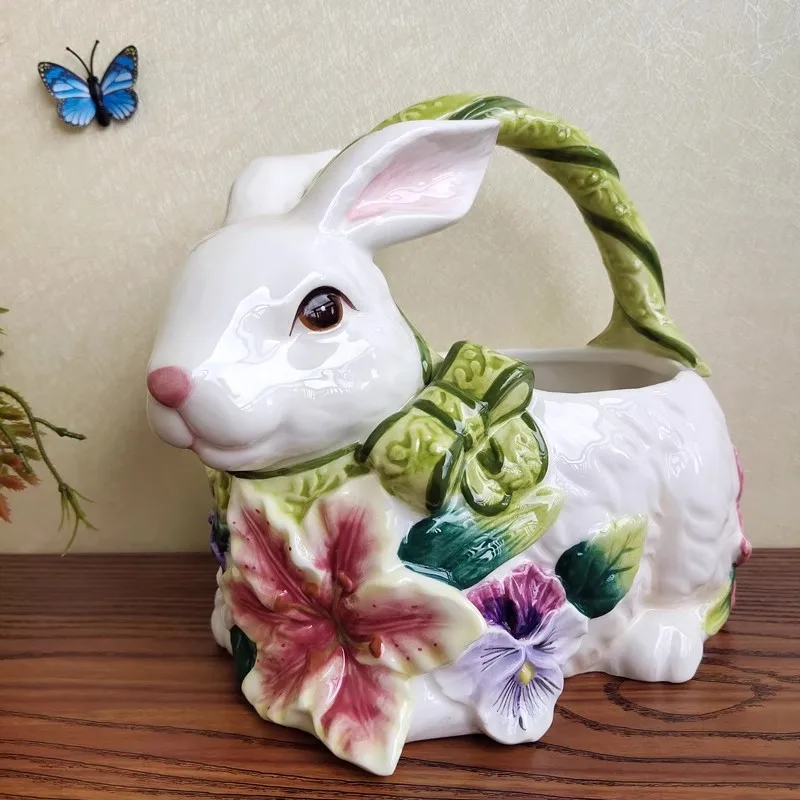 

Ceramic Rabbit Fruit Basket, Dish Sculpture, Home Decor Crafts, Room Wedding Table Ornament, Key Candy Storage Basket, Vase