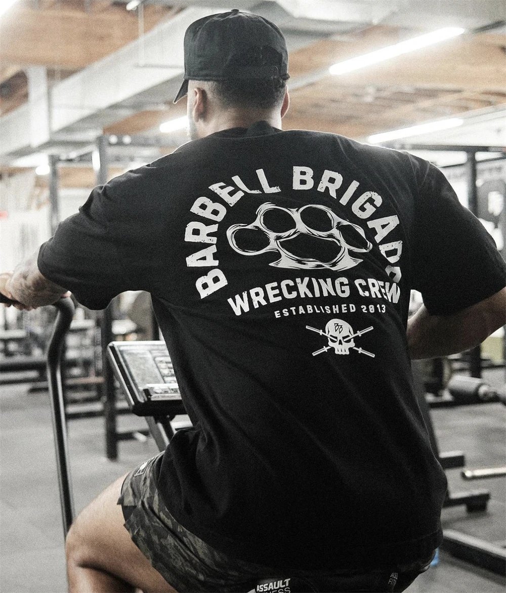 Barbell Skull Print Gym Shirt Men Cotton Homme Short Sleeve Running T Shirt Men Workout Training Sport Tees Tops Oveisize