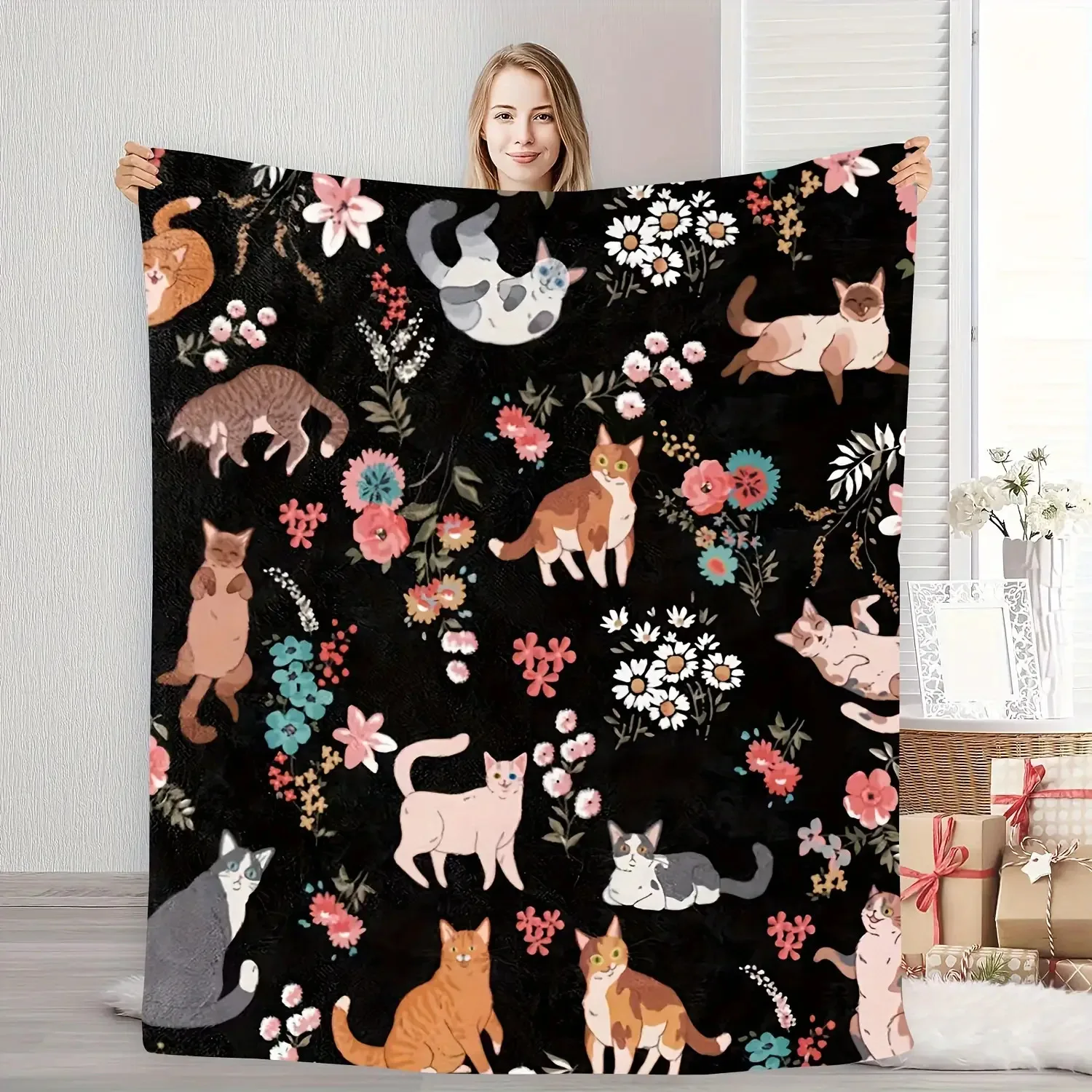 Cute Cat Cartoon Print Throw Blanket Cozy Sofa Couch Manta Soft Bed Decorative Blanket For Bedroom Living Room Home Decor