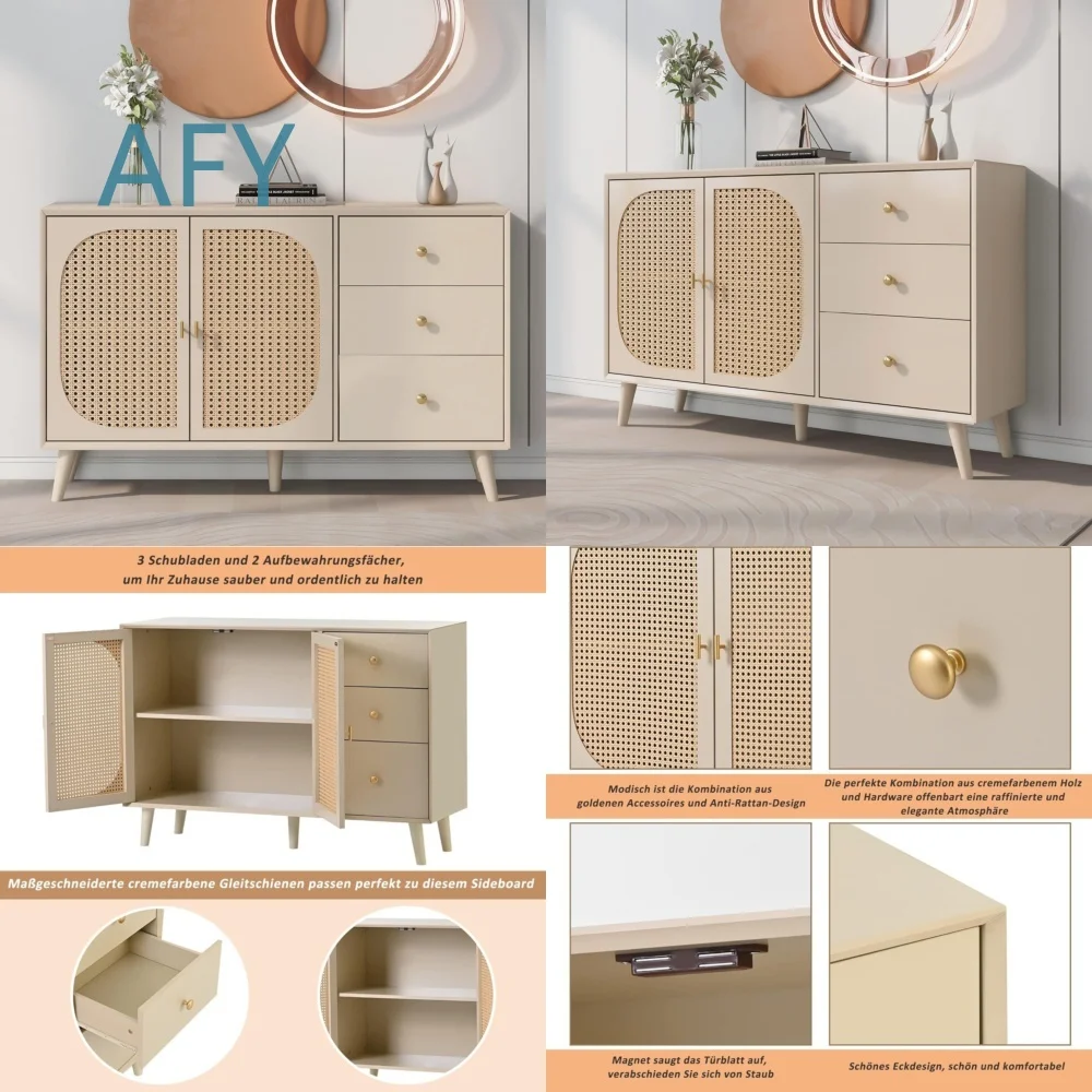 Bohemian Rattan Door Cabinet for Bedroom Storage Multi Functional Retro Color Three Tier for Home Decor Furniture for Living