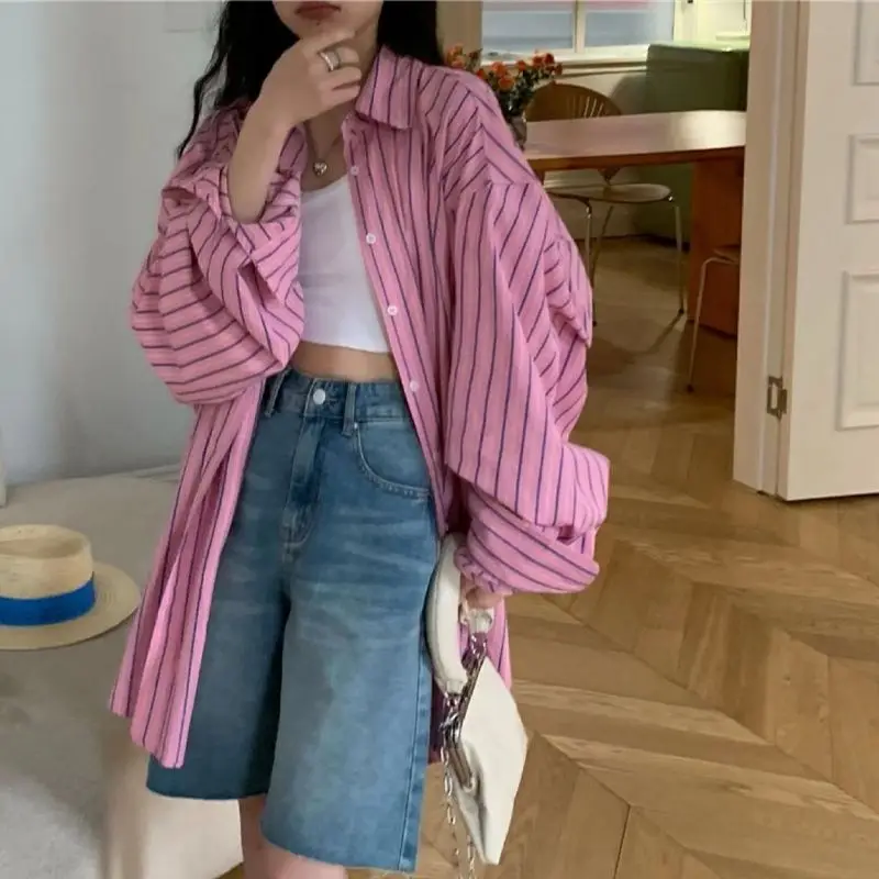 XEJ Vintage Y 2k Pink And Blue Striped Shirt Long Sleeves Tunic Elegant Social Women\'s Oversized shirt Spring Summer Blouse