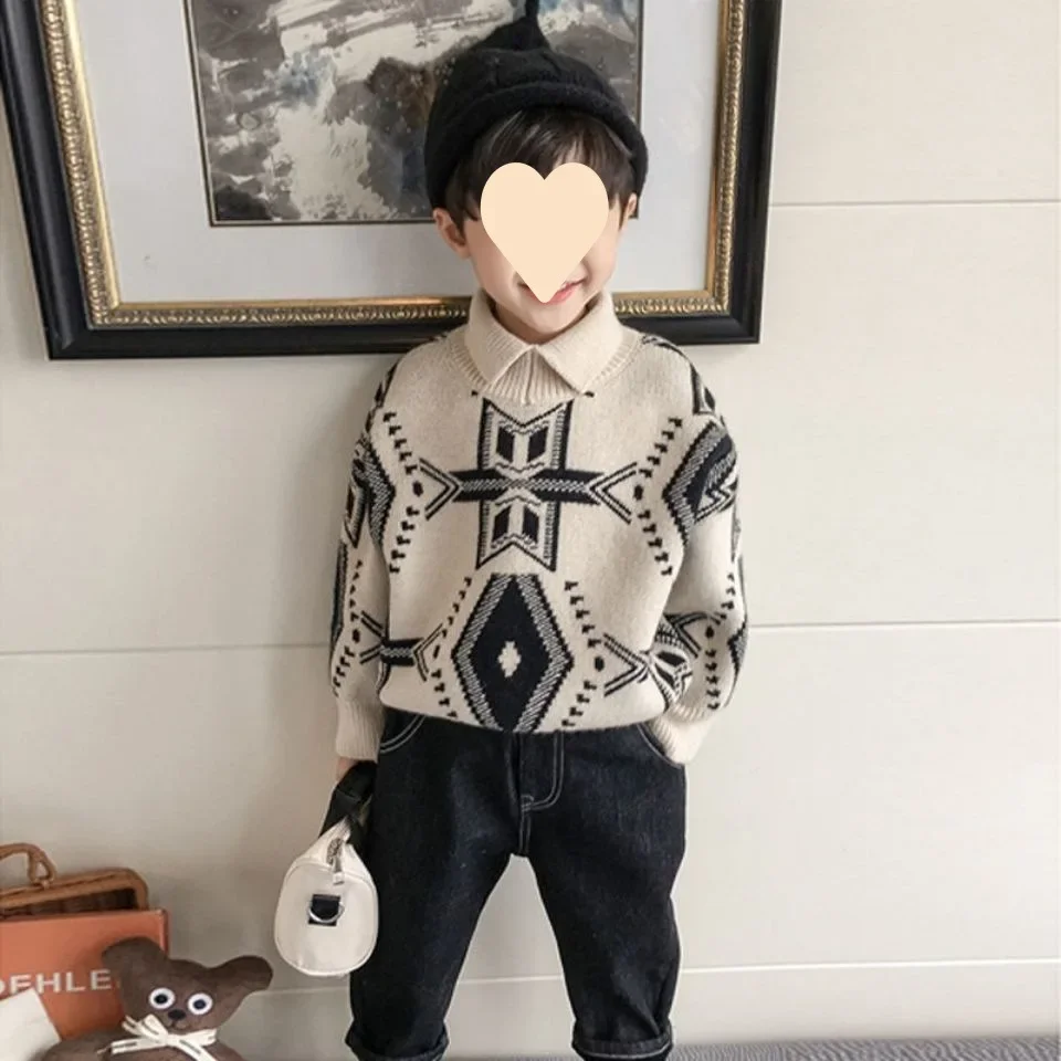 

Boys' pullover sweater 2024 winter new warm fashion handsome children's lapel sweater baby sweater trend 90-150cm