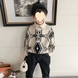 Boys' pullover sweater 2024 winter new warm fashion handsome children's lapel sweater baby sweater trend 90-150cm