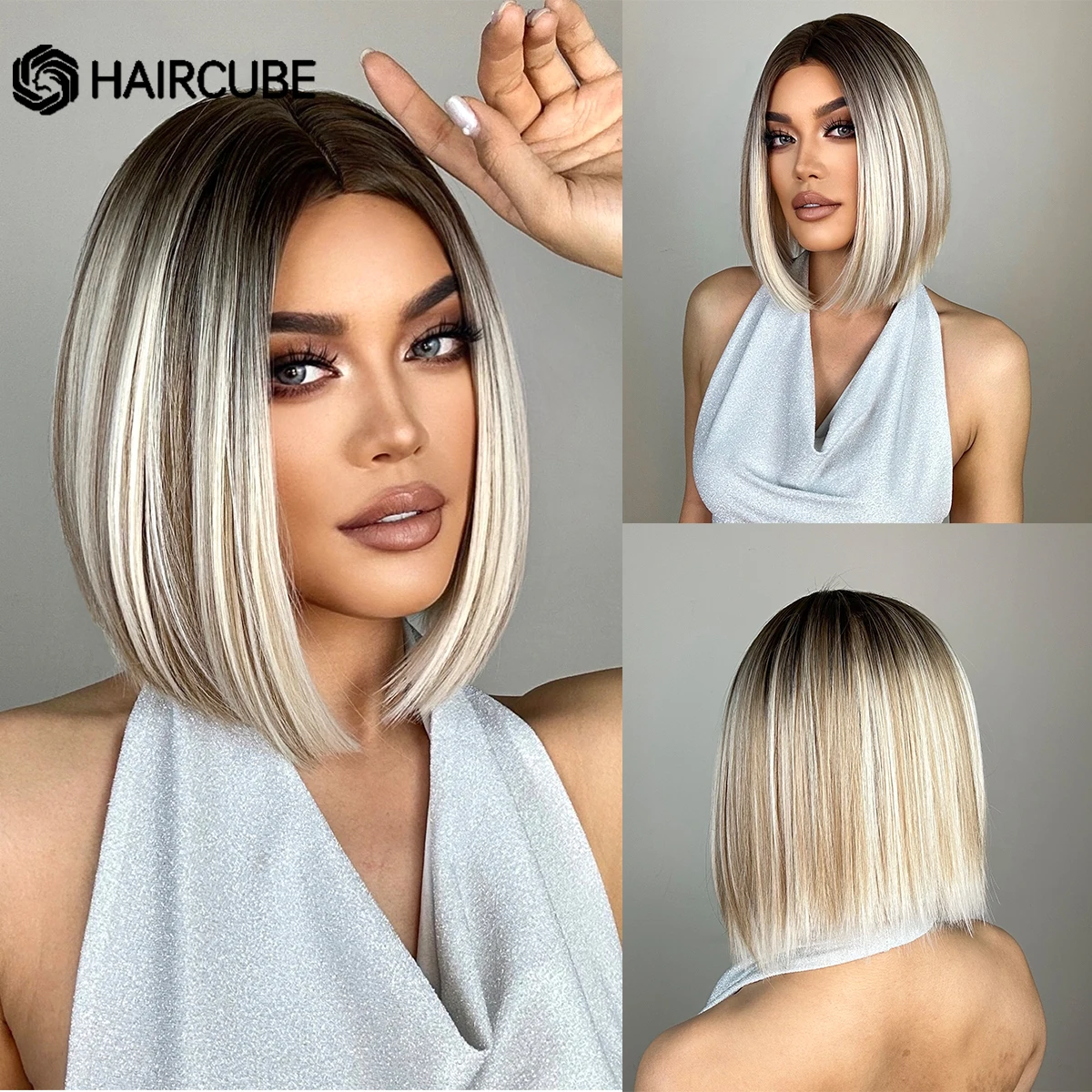 HAIRCUBE Brown Platinum Ombre Synthetic Wigs for Women Short White Bob Wig With Bangs Lolita Cosplay Heat Resistant Fake Hair