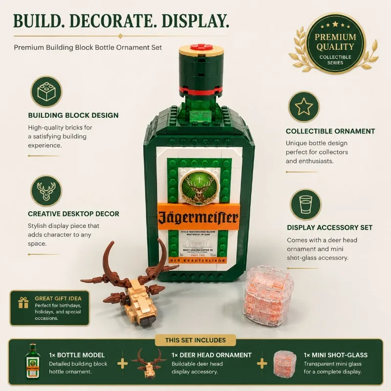 Jagermeister Liquor Bottle Building Blocks Set Mini Bricks with Deer Head Model DIY AssemblyTabletop Decor Adult Hobby Ornaments view 4