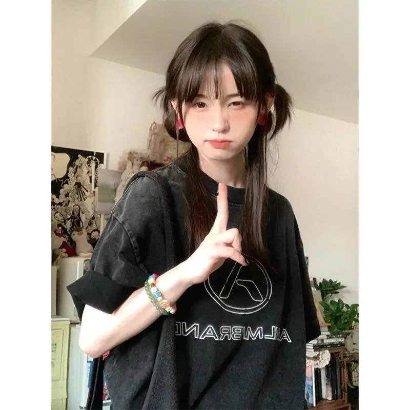 

Корейские отзывы, много девушек, универсальная американская ретро стираная старая свободная футболка с принтом, верхняя женская одежда