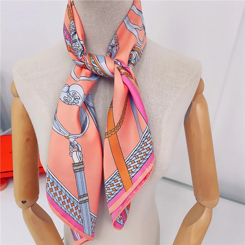 Belt Stirrup Print Manual Hand Rolled Twill Silk Scarf Women Fashion Square Scarves Foulard Femme Wrap Lady Bandana Hijab