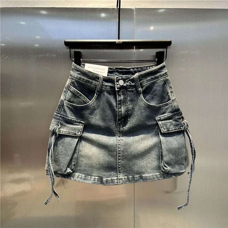 Y2K American Street Vintage Casual  A Skirt 2024 New Fashion Three Dimensional Strap Pocket Wash High Tooling Denim Skirt Women