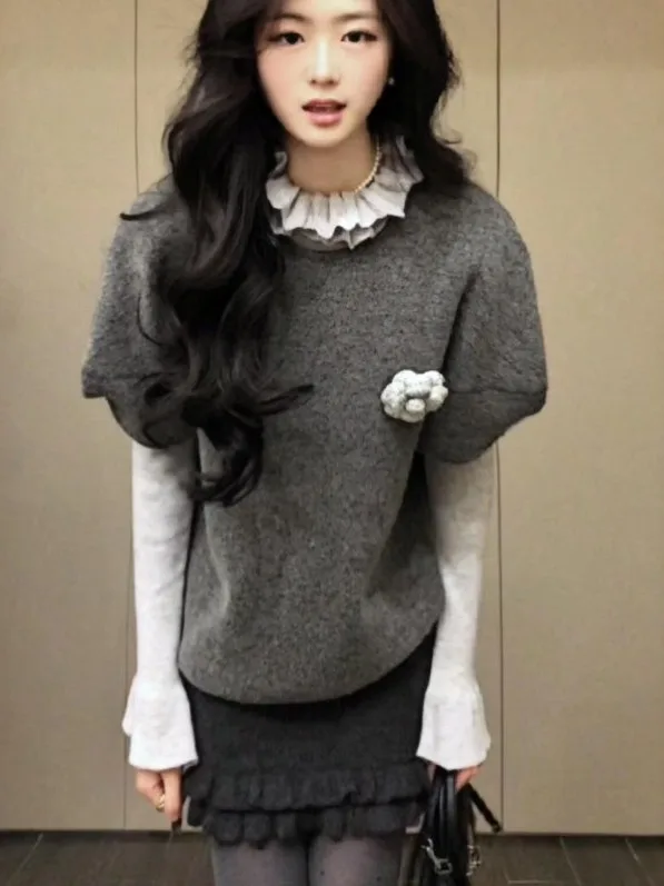 

Sli Korean Spring Outfit Women's Sweater Base irt f Skirt Set Beautiful Unique Comfortable Warm Mid-Elastic High Waist