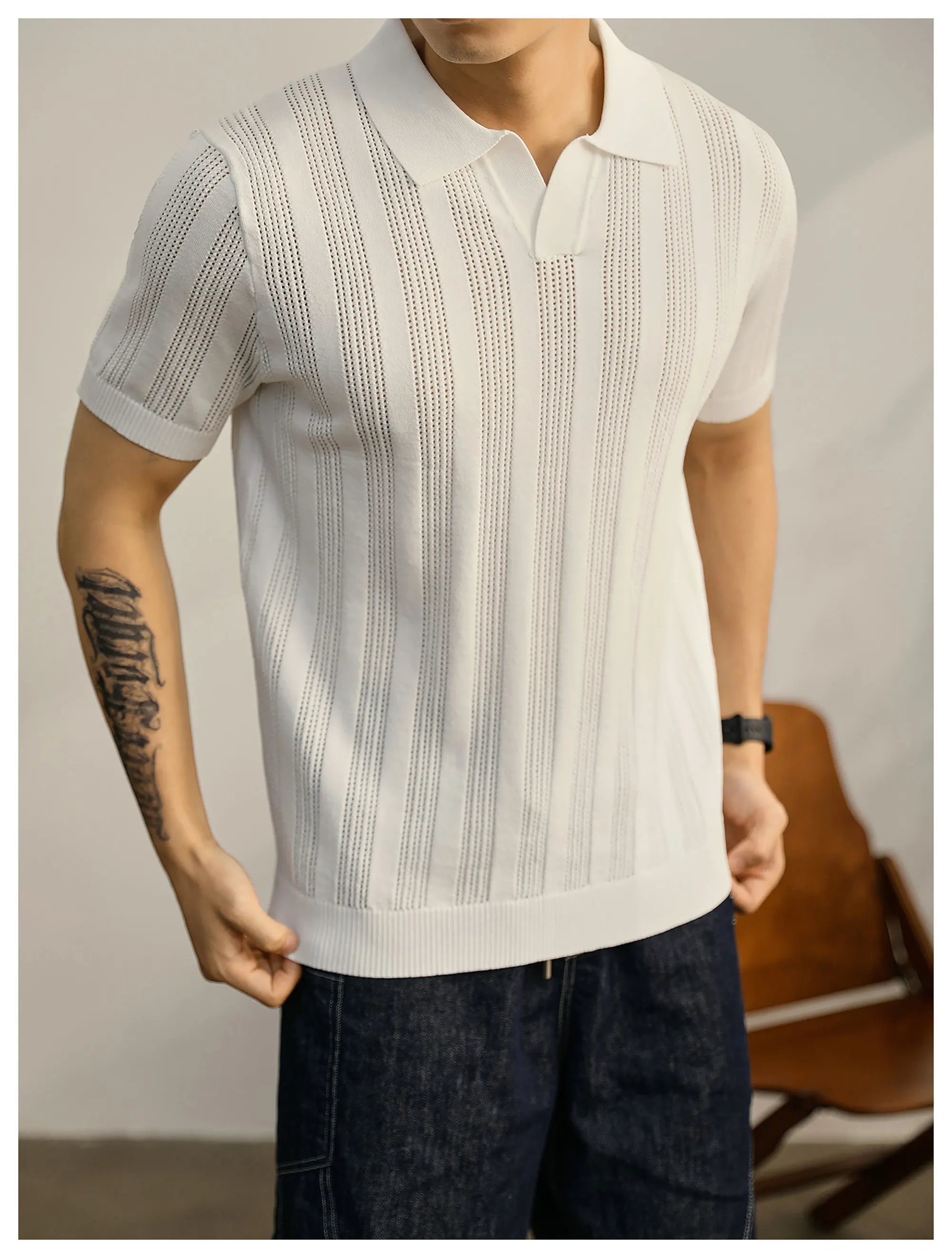 Men's Solid Color Polo Shirt Knit Short Sleeve T-shirt Lapel Neck Elastic Top 2026 Summer Spring Fashionable Polo Shirts E14
