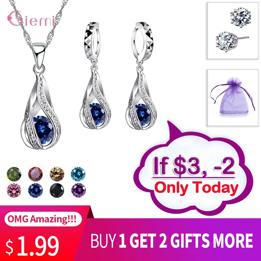 Drop Shipping Jewelry Sets Genuine 925 Sterling Silver Cubic Zirconia Pendant Necklaces+ Earrings Crystal Jewellery Gifts Women
