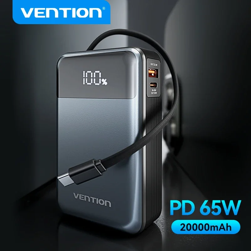 

Vention 65W Portable Power Bank 20000mAh PD Fast Charging with Built-in USB Type-C Cable for Laptops iPhone 16 15 14 13 Pro Max