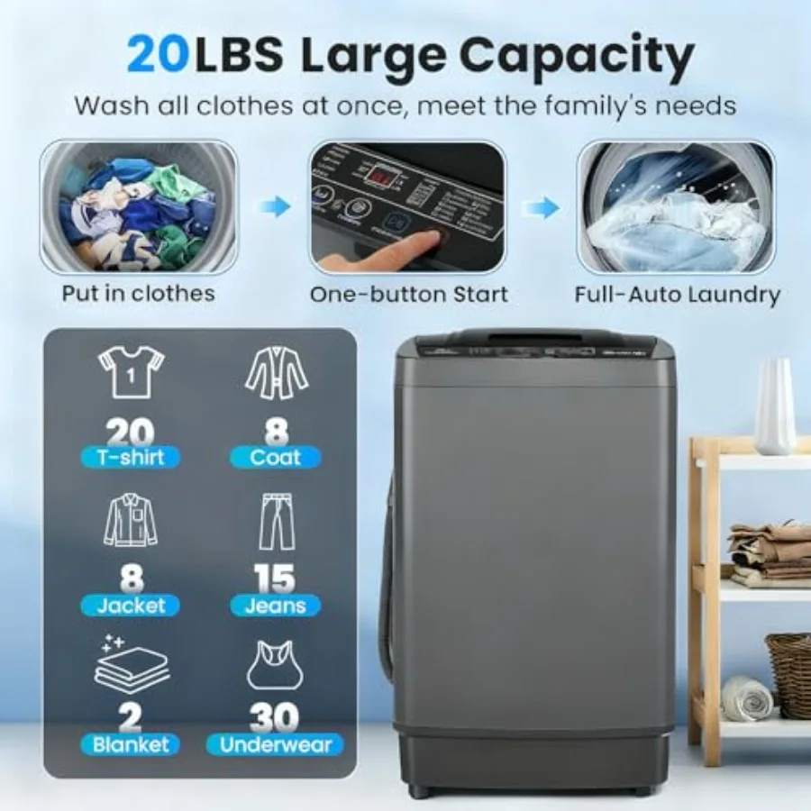 Mesin Cuci Portabel 2.8 Cu.ft dengan Kapasitas 20 lbs, Mesin Cuci Otomatis Penuh Dilengkapi Pompa Pembuangan, 10 Program Cuci dan Layar LED