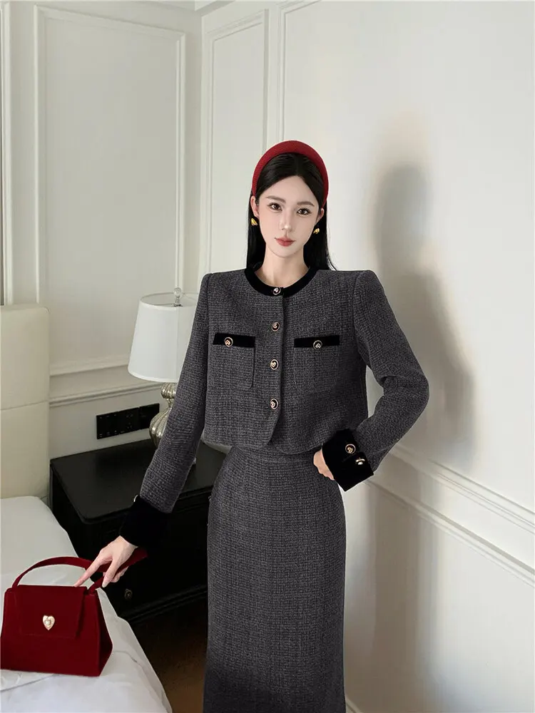 New Women Tweed Cadigan Jacket + Pencil Midi Skirt 2024 Long Sleeve Single-breasted Small Fragrance Short Coat Two Piece Set