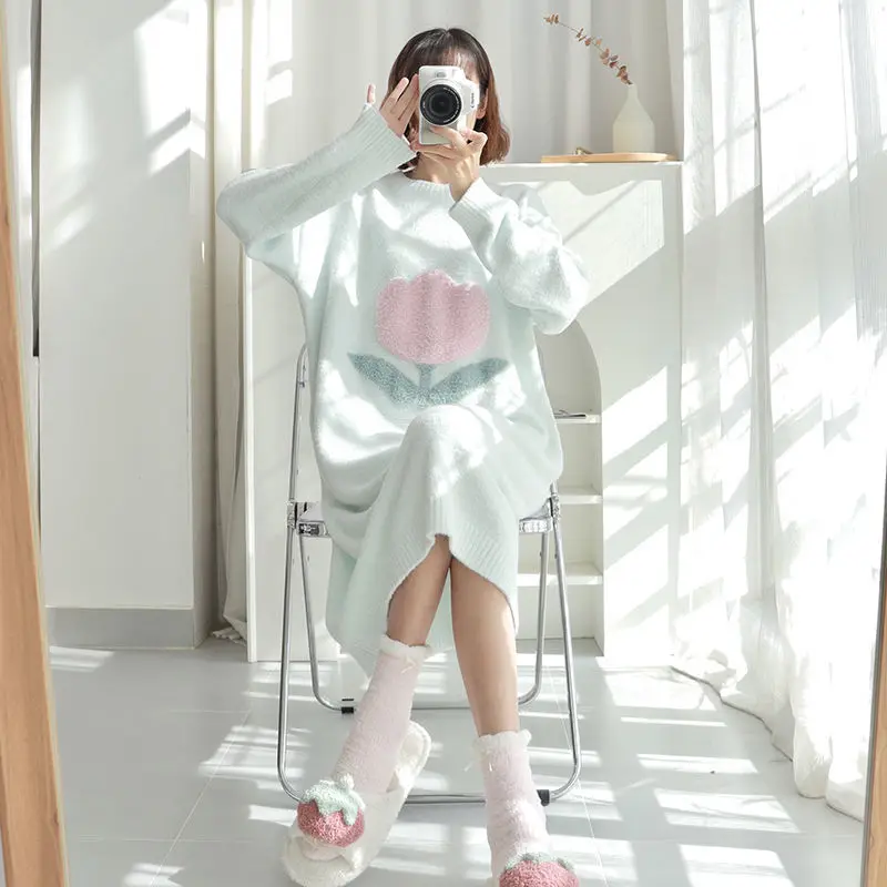 Tulip Coral Velvet Nightdress Women's Autumn and Winter Long Sweet and Lovely Pajamas with Thick Long  Over The Knee Home Wear