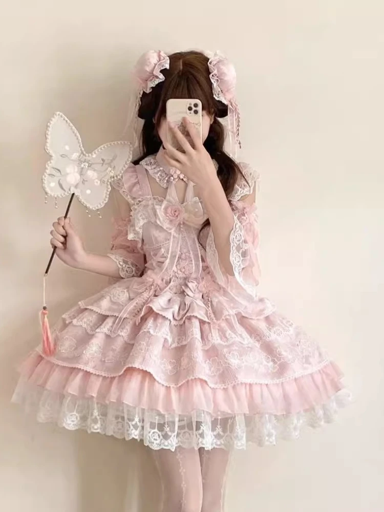オリジナルスイートキュートガール誕生日パーティー プリンセスLOショートドレス 3Dボウレーススプライス パフスリーブ カワイイピンク ロリータJSKドレス 女性用